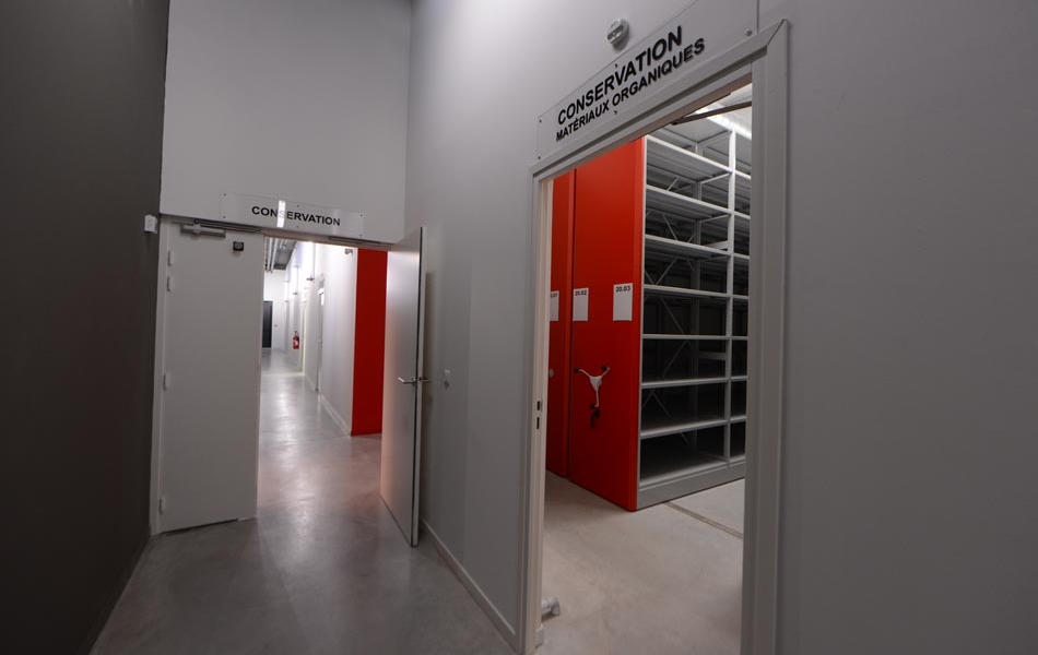 Salle de conservation des matières organiques (30 m²), une salle de surface identique est dédiée aux mobiliers métalliques.