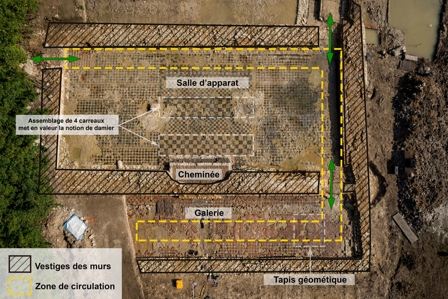 Image de droite : Vue aérienne de la partie résidentielle de la Cour Lévèque avec les indications.