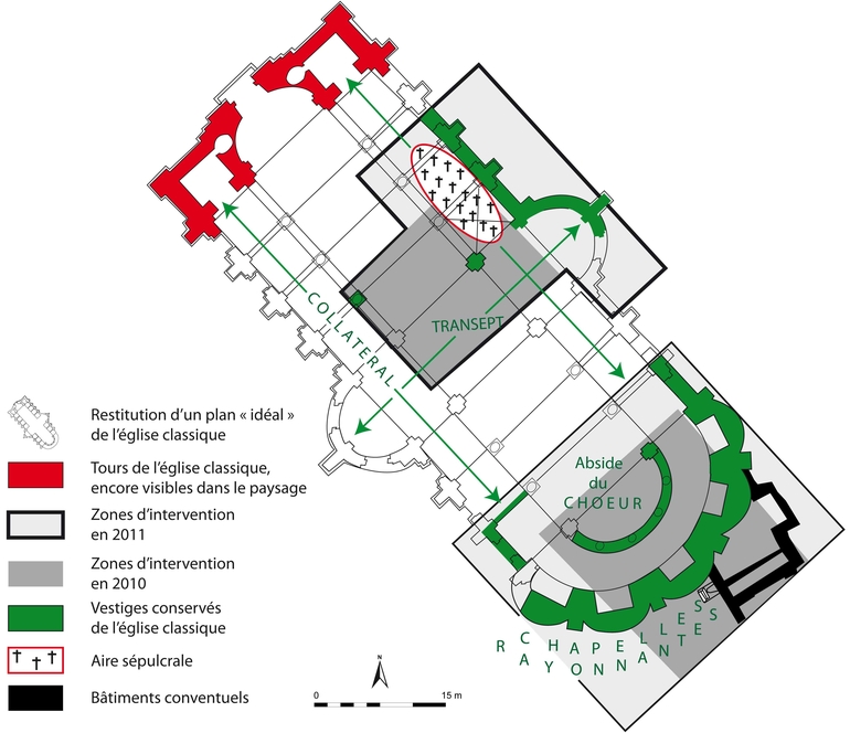 Plan du site de l'abbaye du Mont-Saint-Éloi établit par les archéologues (M. Delage)