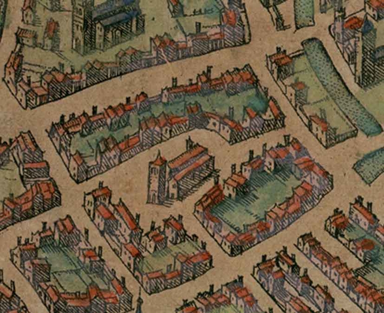 Plan de 1572 avec l'église au centre de la place. Crédit : Société des Antiquaires de la Morinie