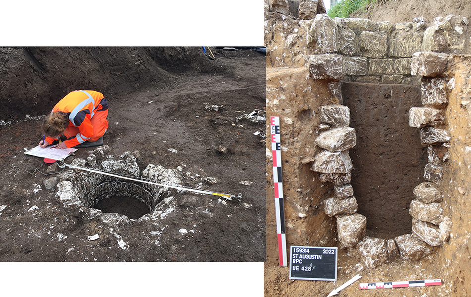 A gauche un archéologue procéde à des mesures du puits et à droite coupe verticale du puits