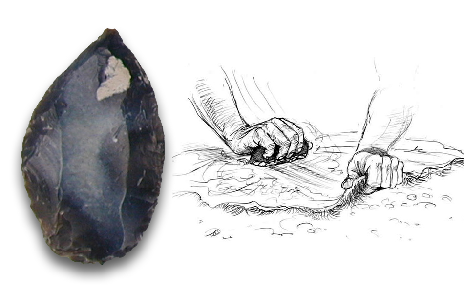 À gauche, photo d’un racloir, un silex taillé en forme de goutte d’eau. À droite, illustration d’un racloir utilisé pour racler la peau d’un animal.
