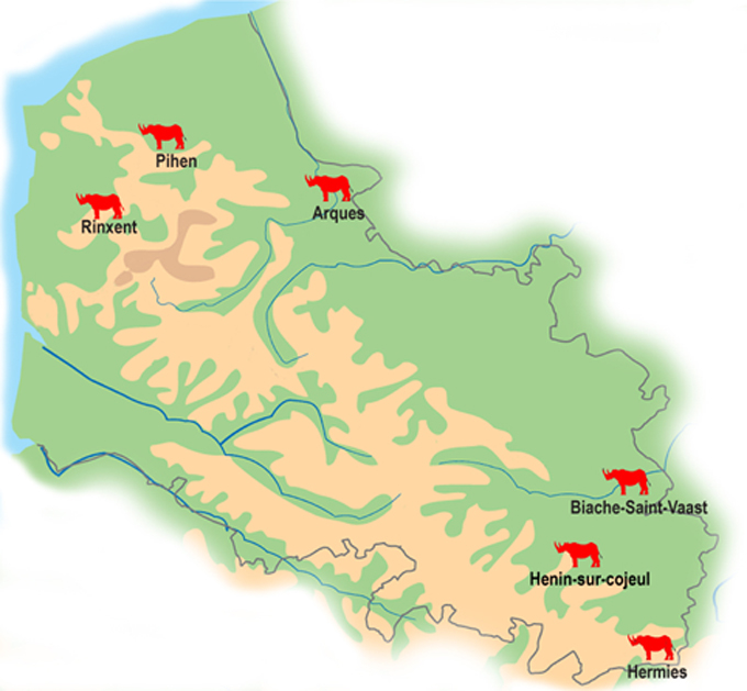 Carte du Pas-de-Calais localisant les sites à rhinocéros.
