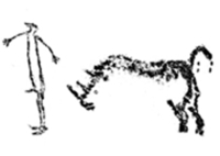 Scène du Puits dans la grotte de Lascaux en Dordogne représentant un homme et un rhinocéros.