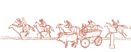 Cavaliers romains au galop passant à proximité d'un chariot et d'une borne milliaire (Pierre-Yves Videlier)