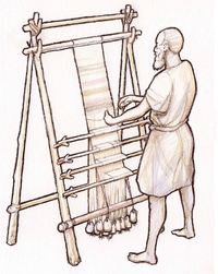 Illustration de l'utilisation d'un métier à tisser de l'Age du bronze (P.-Y. Videlier)