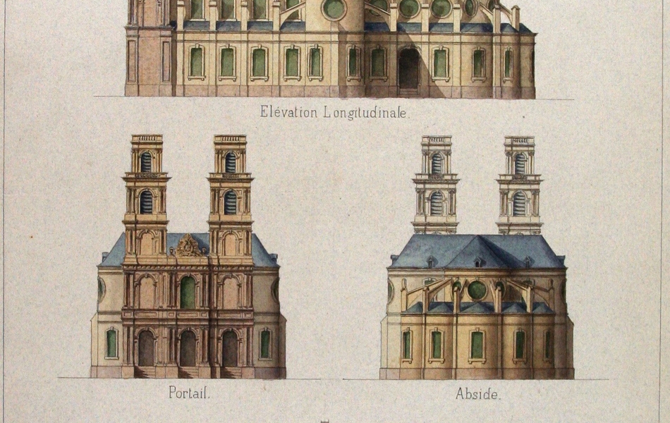 Dessin de l’église abbatiale classique. 18ième siècle. Papier. Ce document montre la face sud de l’église classique, sa façade, son chevet ainsi que son plan au sol. Il est l’œuvre de Xavier Souillart, un architecte qui a vu l’abbaye en cours de démolition au 18ième siècle. Ses dessins sont des restitutions, pas toujours exactes, réalisées de mémoire et à partir de témoignages. Émile Souillart, Eglise abbatiale de Mont-Saint-Éloi. Planche générale de l’église : plan, élévations. Archives départementales du Pas-de-Calais, 7 Fic 577